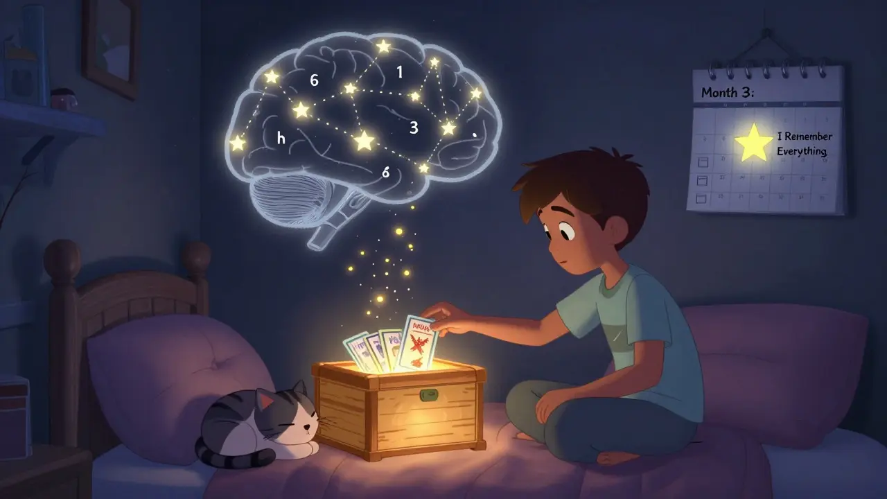 Под кроватью светящийся сундук с карточками, а на потолке — звёздная карта интервалов повторения.