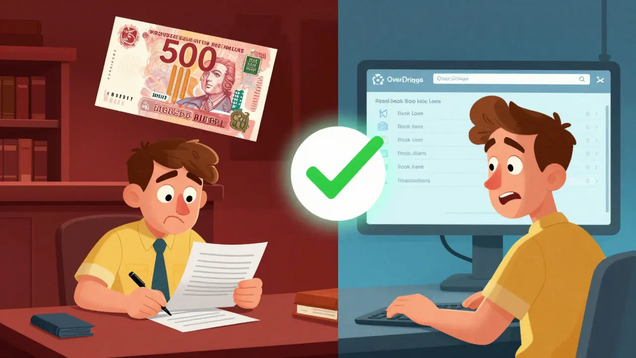 Разделённая сцена: библиотекарь перед судом с огромным штрафом и тот же человек с уверенностью управляет системой аналитики книг.