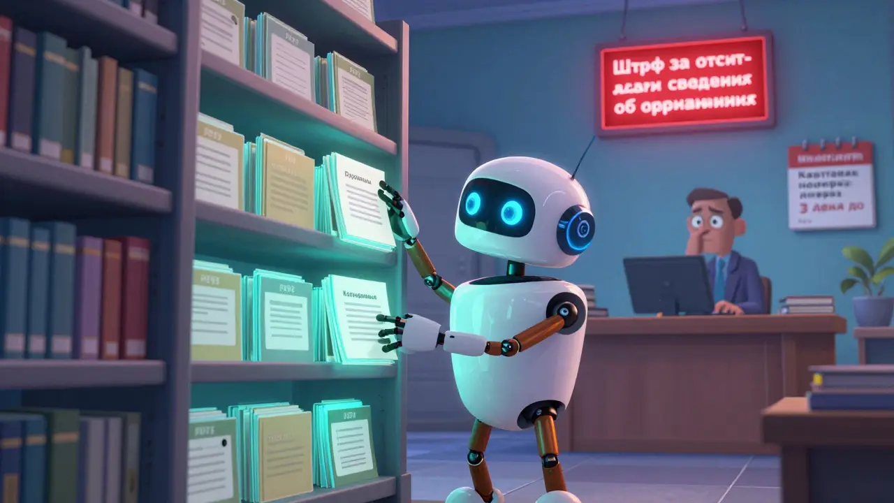Робот-библиотекарь упорядочивает папки с документами онлайн-школы, а владелец смотрит на предупреждение о штрафе.
