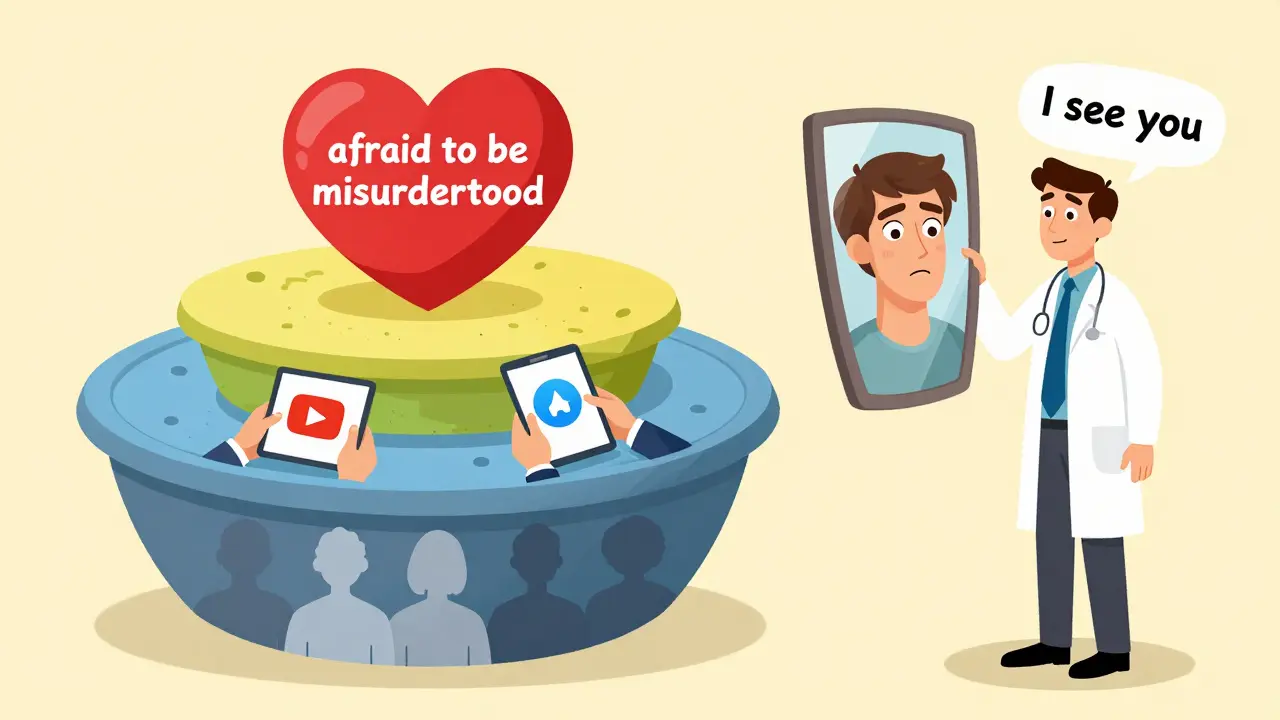 Слоёный пирог превращается в человека, эксперт держит зеркало, отражающее реального человека с выражением облегчения.