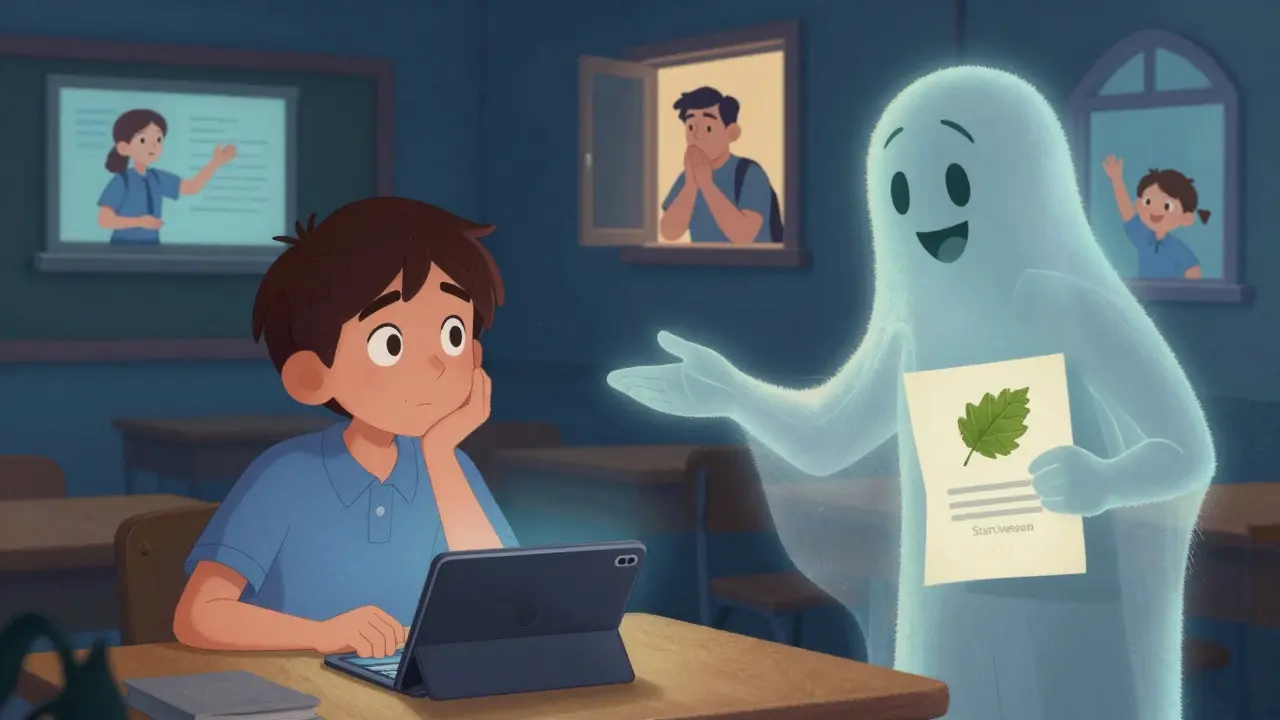 Студент стоит перед выбором, а его будущее самое смотрит на него с улыбкой.