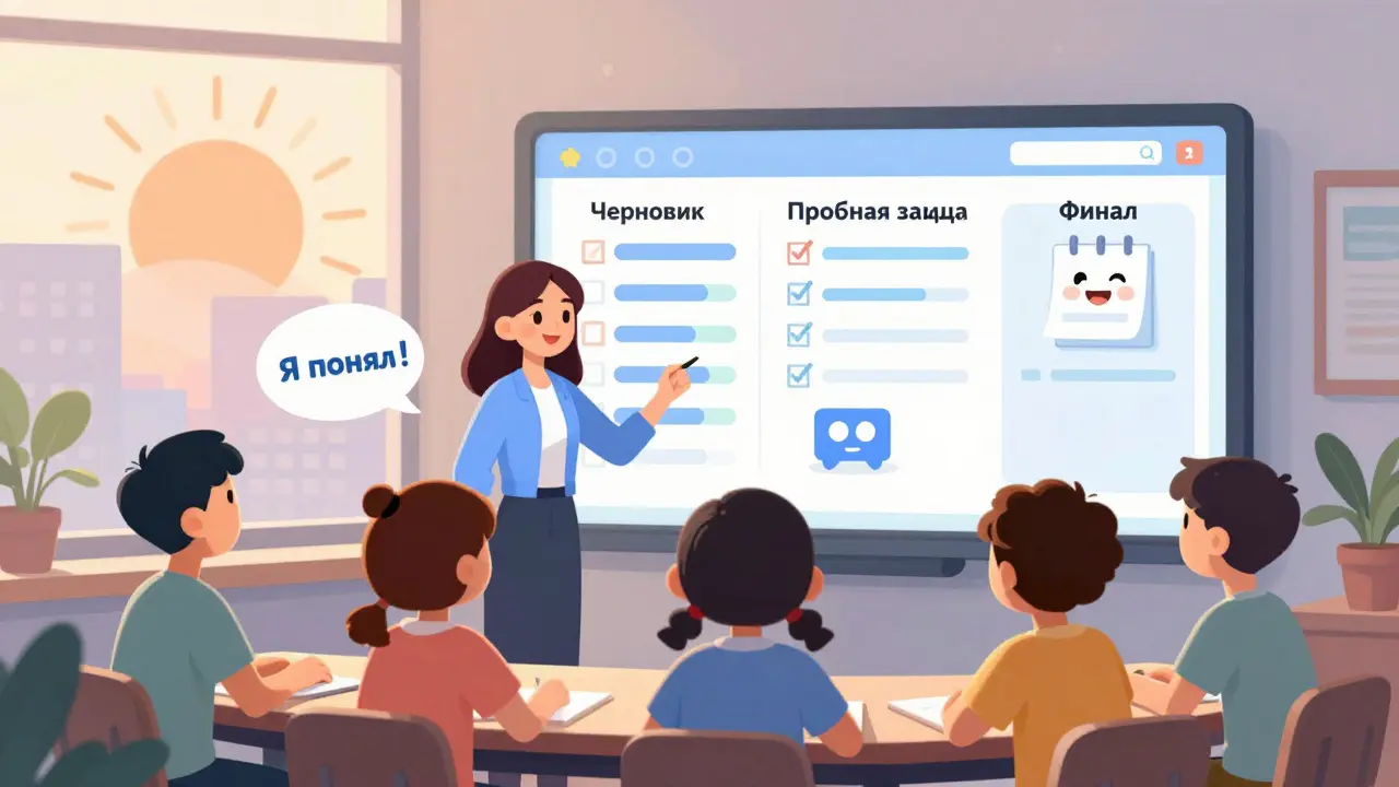 Студенты и преподаватель следят за прогрессом по этапам проекта на цифровом экране.