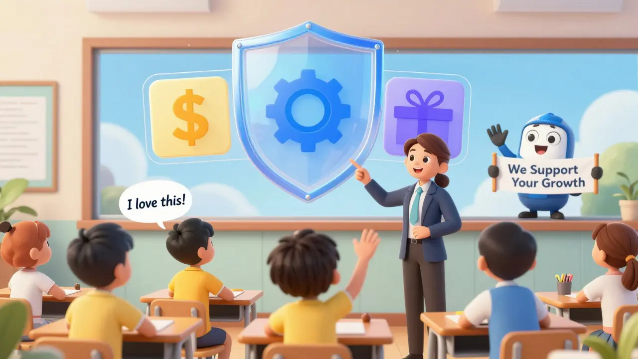 Студенты учатся, а над ними светится щит с тремя формами спонсорства: деньги, инфраструктура и интеграция.