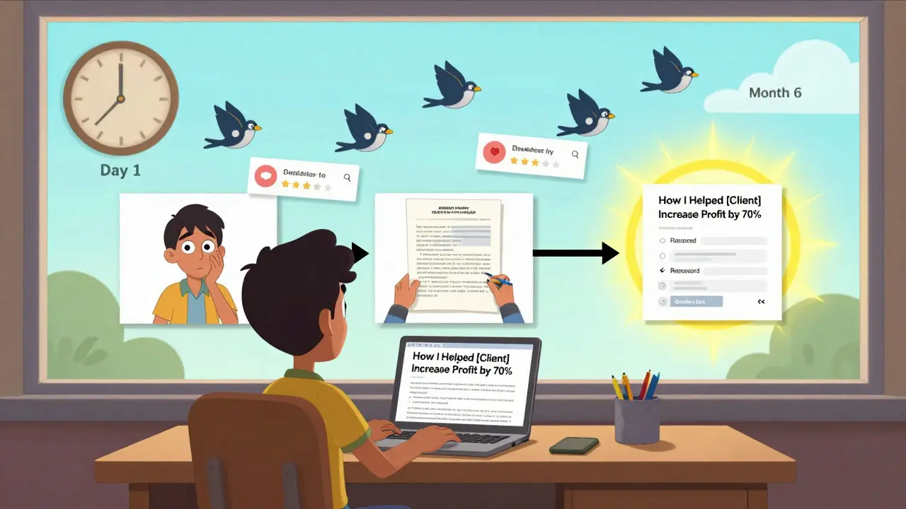 Таймлайн показывает, как эксперт от одной статьи достигает вершины поисковой выдачи, с часами и птицами-поисками вокруг.