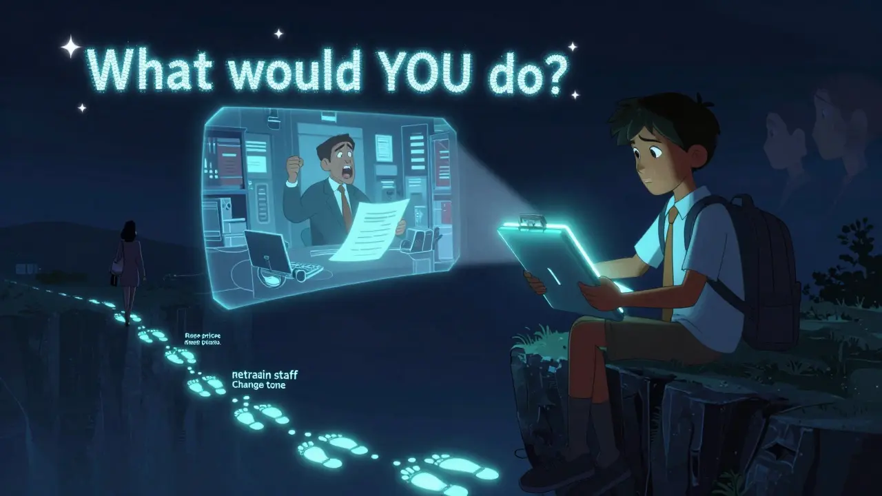 Ученик на краю пропасти с кейсом, который показывает его выбор — пути в неизвестность, без правильных ответов.