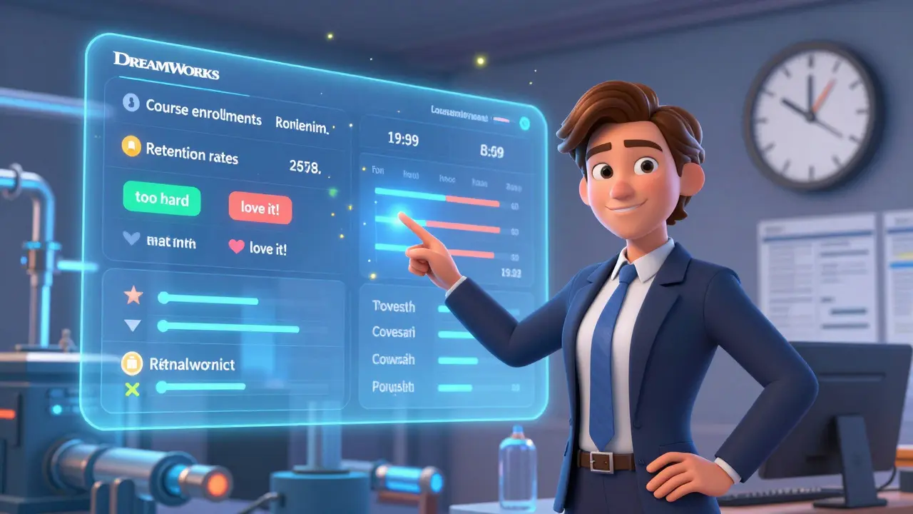 Владелец бизнеса смотрит на интерактивный дашборд с реальными метриками обучения и отзывами.