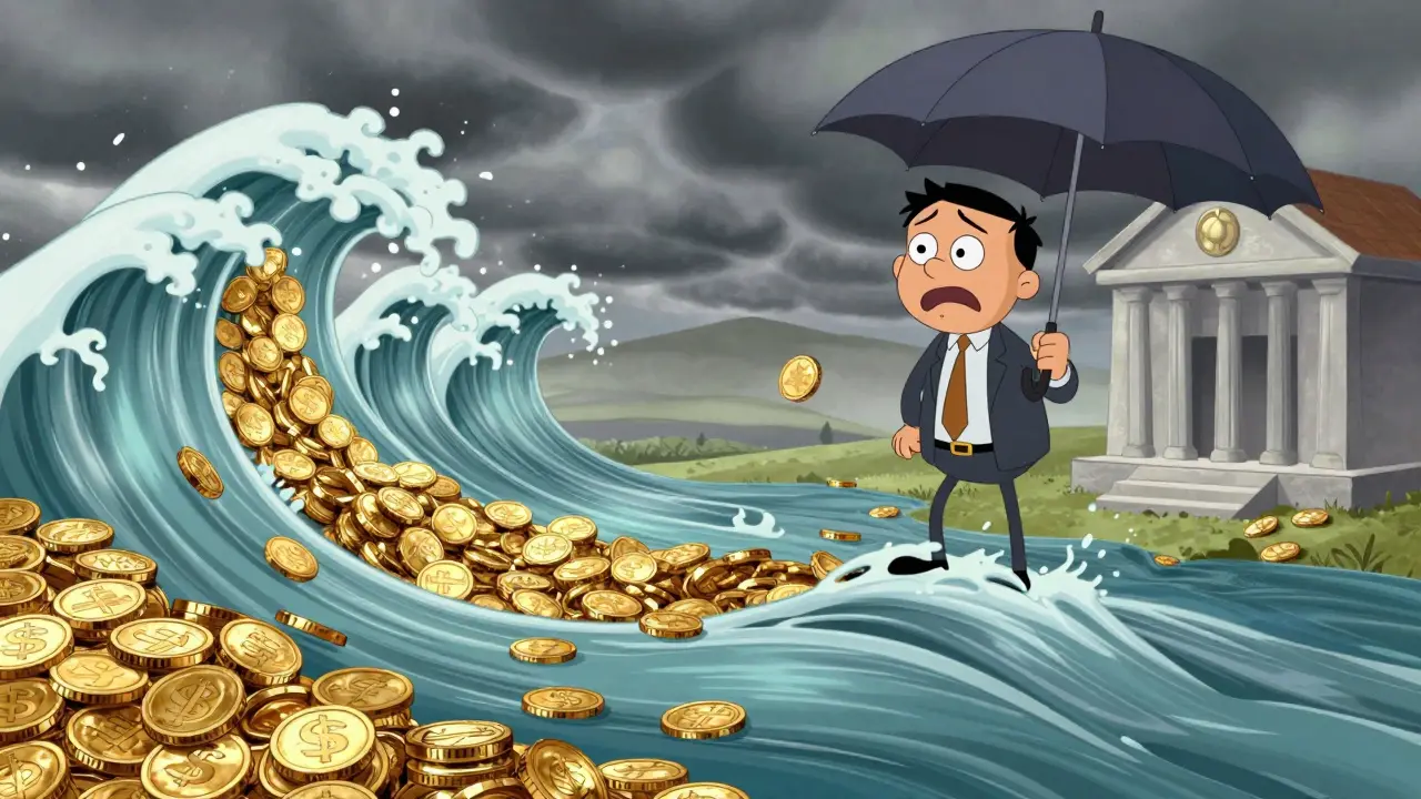 Волны денег текут рядом с дождевыми тучами и зонтом