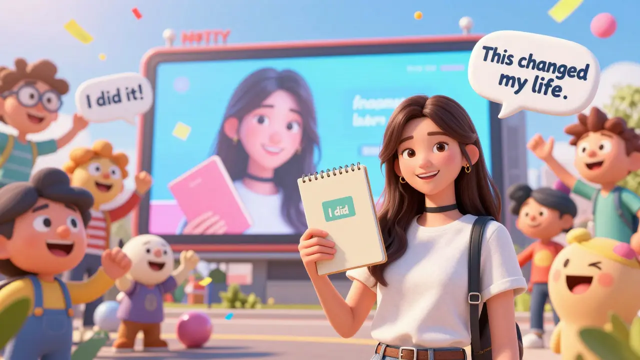 Женщина показывает фото с брендом, её изображение на большом экране, вокруг — восторженные аватары участников конкурса.