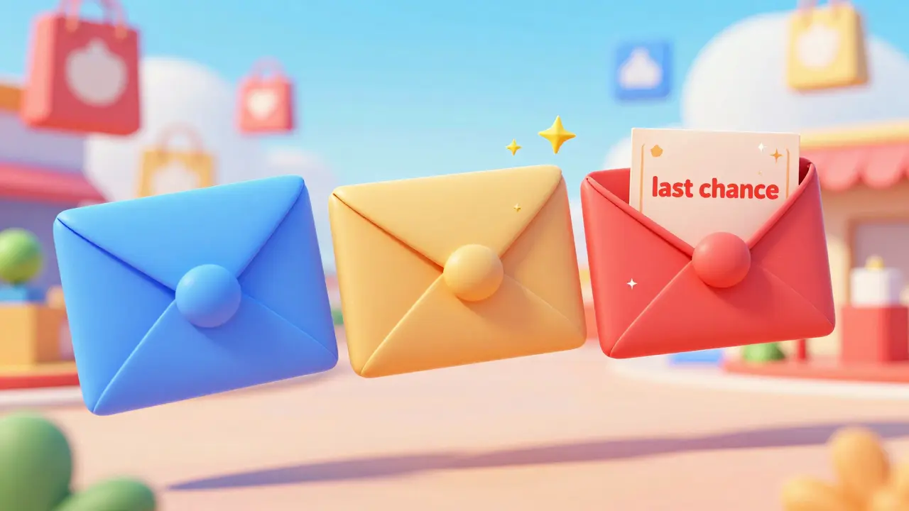 Цепочка из трех ярких магических писем-напоминаний, летящих к покупателю