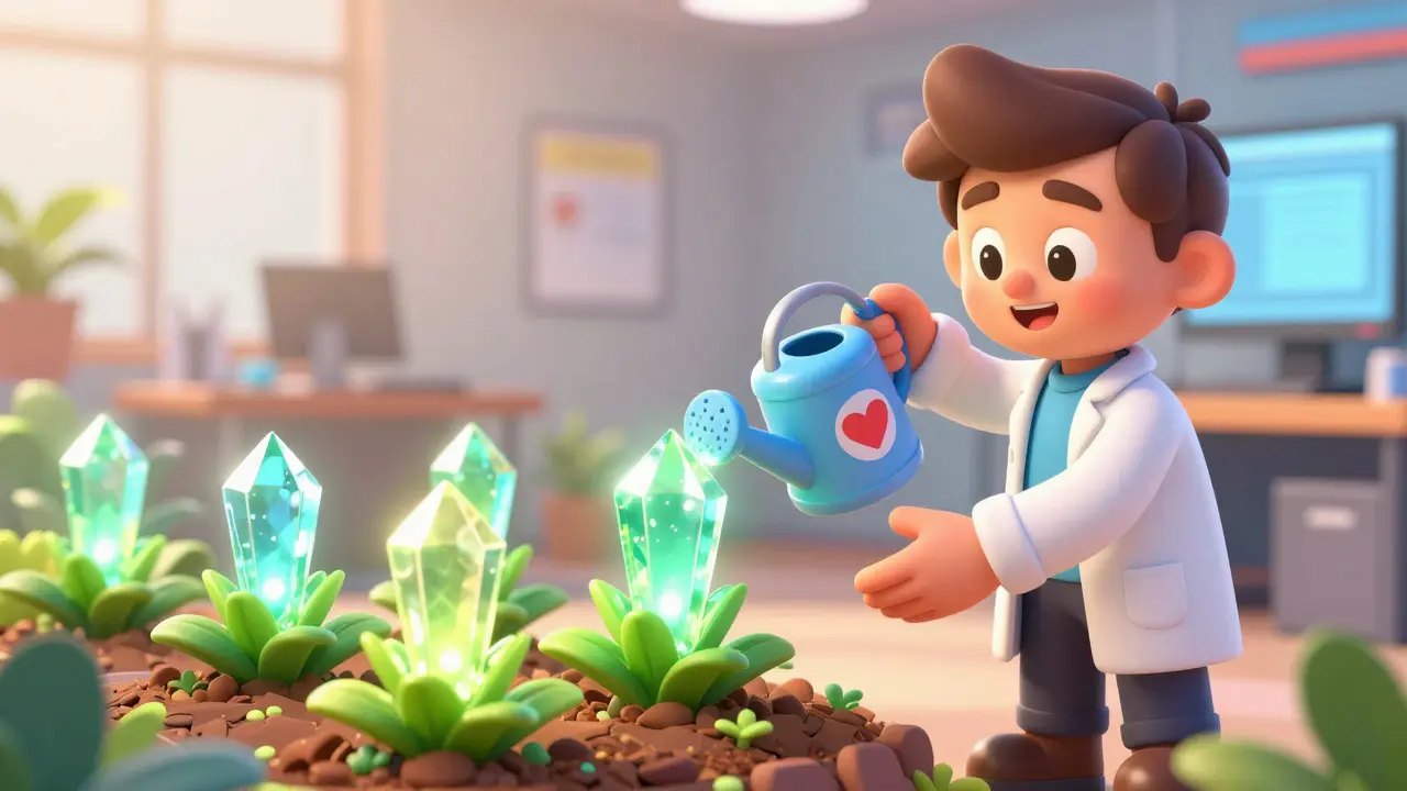 Эксперт ухаживает за светящимся садом кристаллов-подписчиков