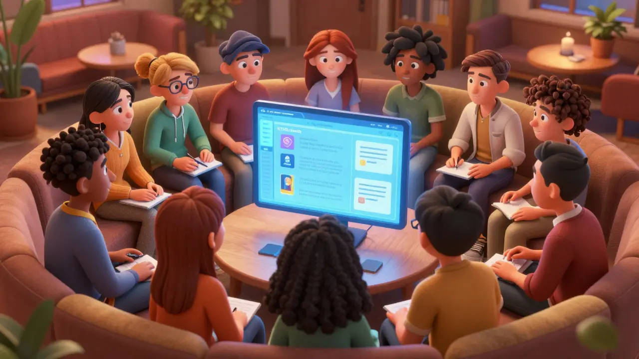 Группа студентов общается вокруг цифрового экрана в сообществе.