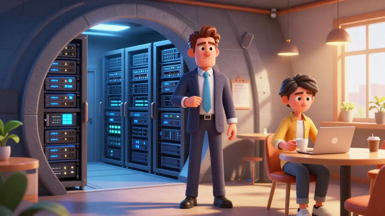 Корпоративный руководитель в защищенном бункере и фрилансер в кафе, иллюстрирующие разные типы клиентов.