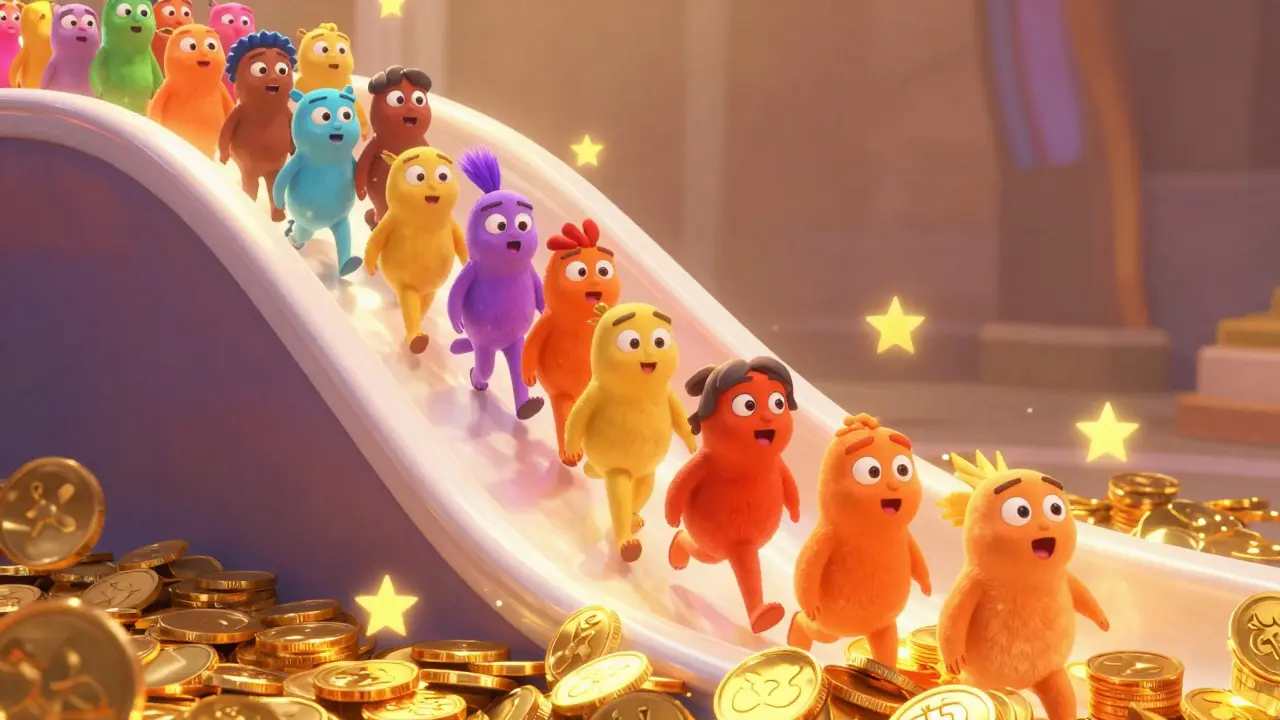 Метафора воронки продаж в виде волшебного горки, где люди становятся лояльными покупателями