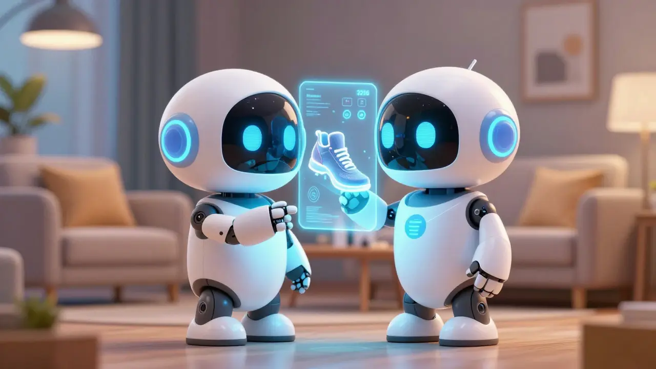 Милый робот-помощник показывает покупателю 3D-голограмму товара из корзины