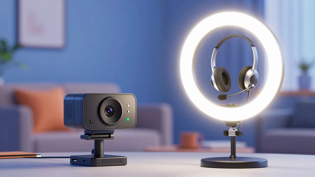 Набор базового оборудования для вебинара: веб-камера, гарнитура и кольцевая лампа