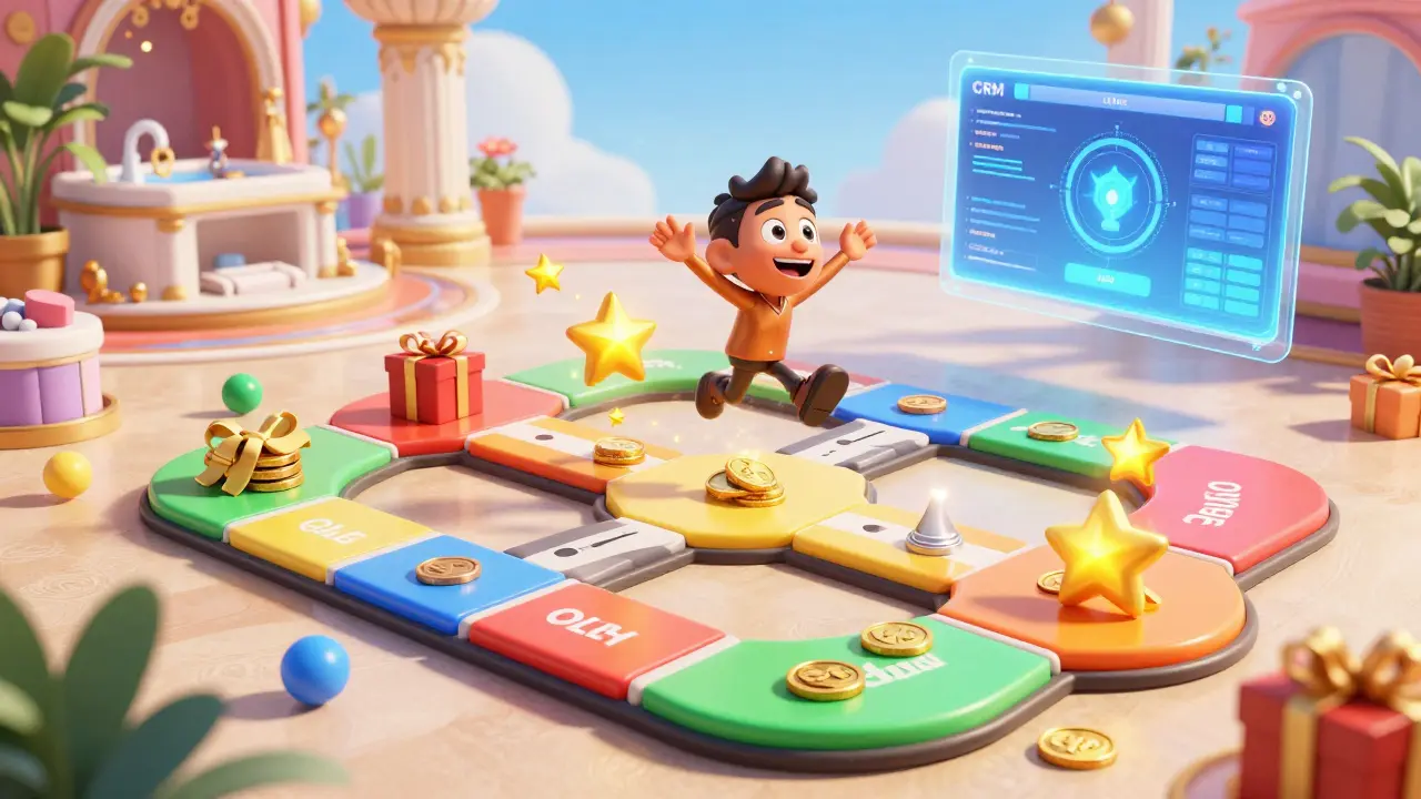 Персонаж проходит путь по игровому полю лояльности, собирая бонусы и звезды.