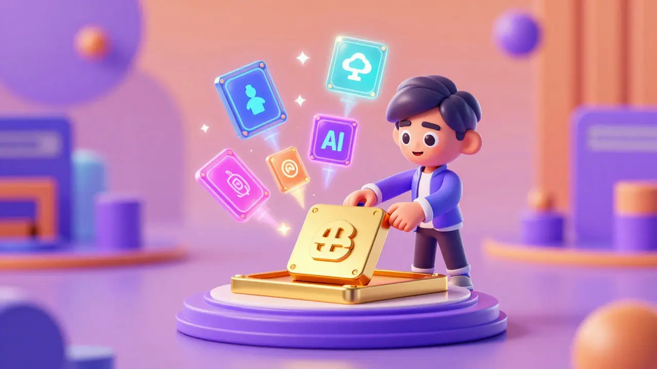 Персонаж собирает гаджет с золотой базой и светящимися ИИ-модулями, символизируя гибридную модель оплаты.