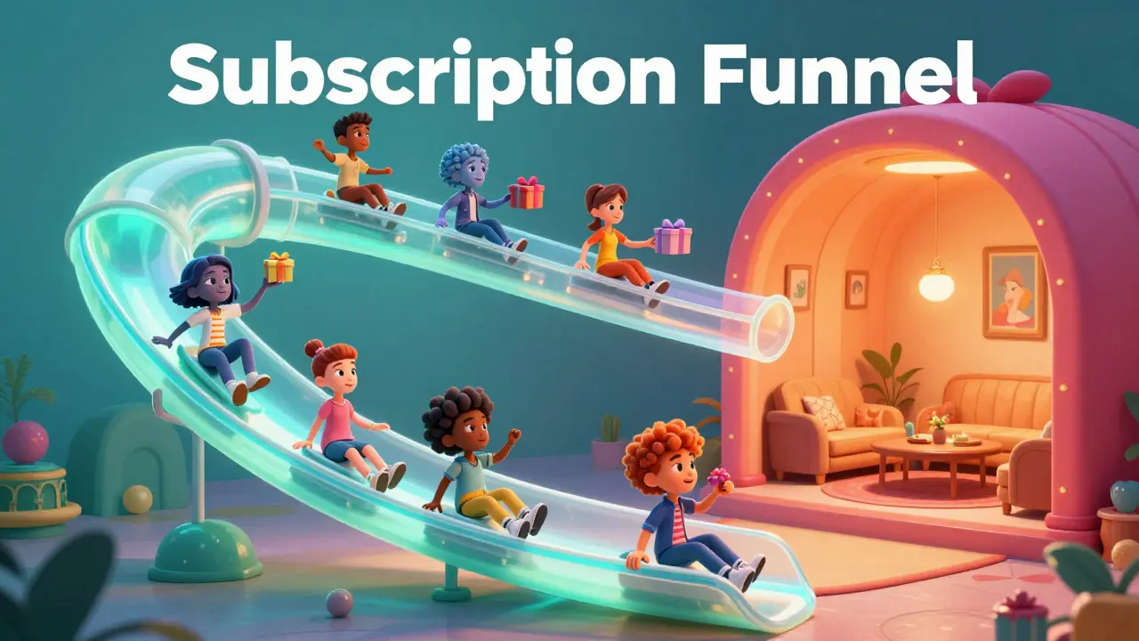 Персонажи, скользящие по разноцветной воронке продаж в виде труб