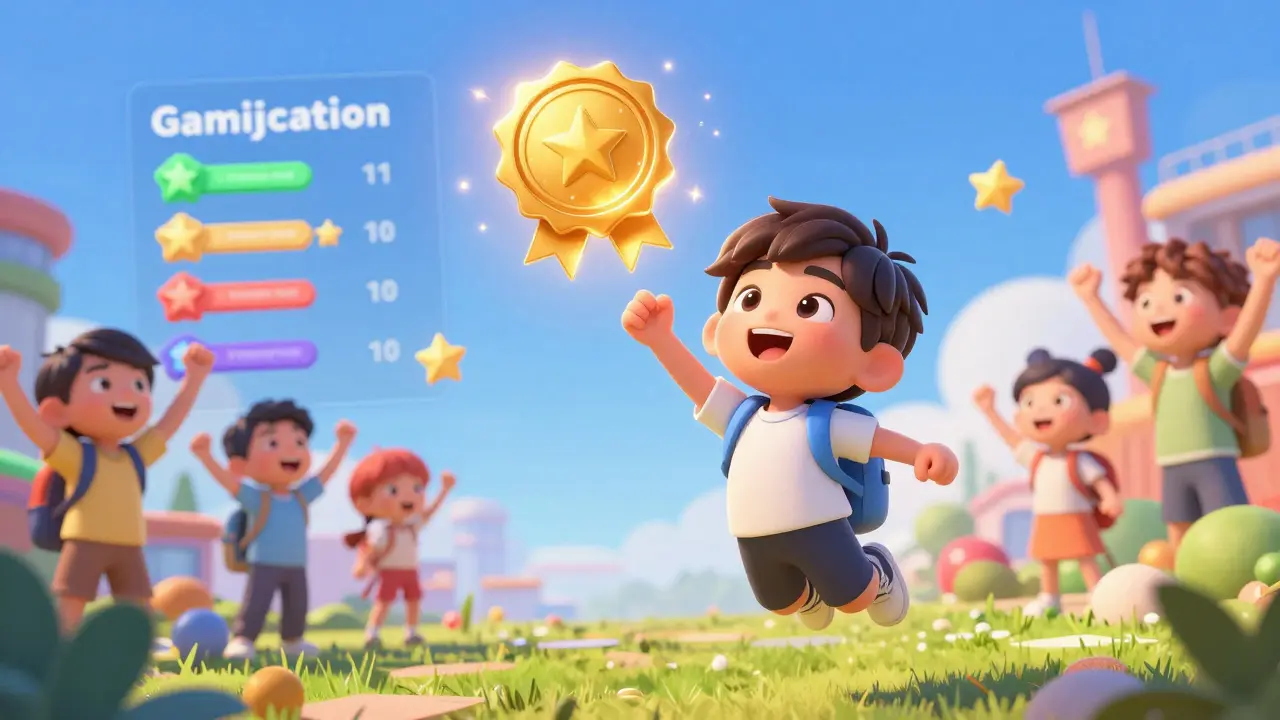 Радостный студент получает золотой цифровой бейдж в геймифицированной системе обучения