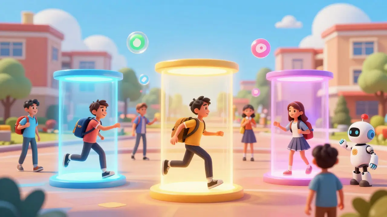 Разные ученики в виртуальном кампусе с персонализированной поддержкой