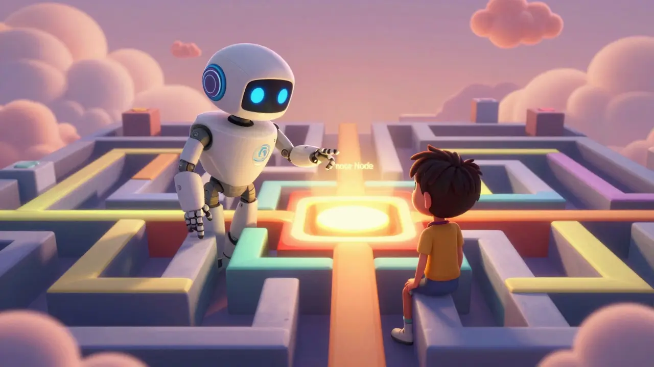 Робот-наставник помогает студенту пройти через систему разветвленных путей к общей цели