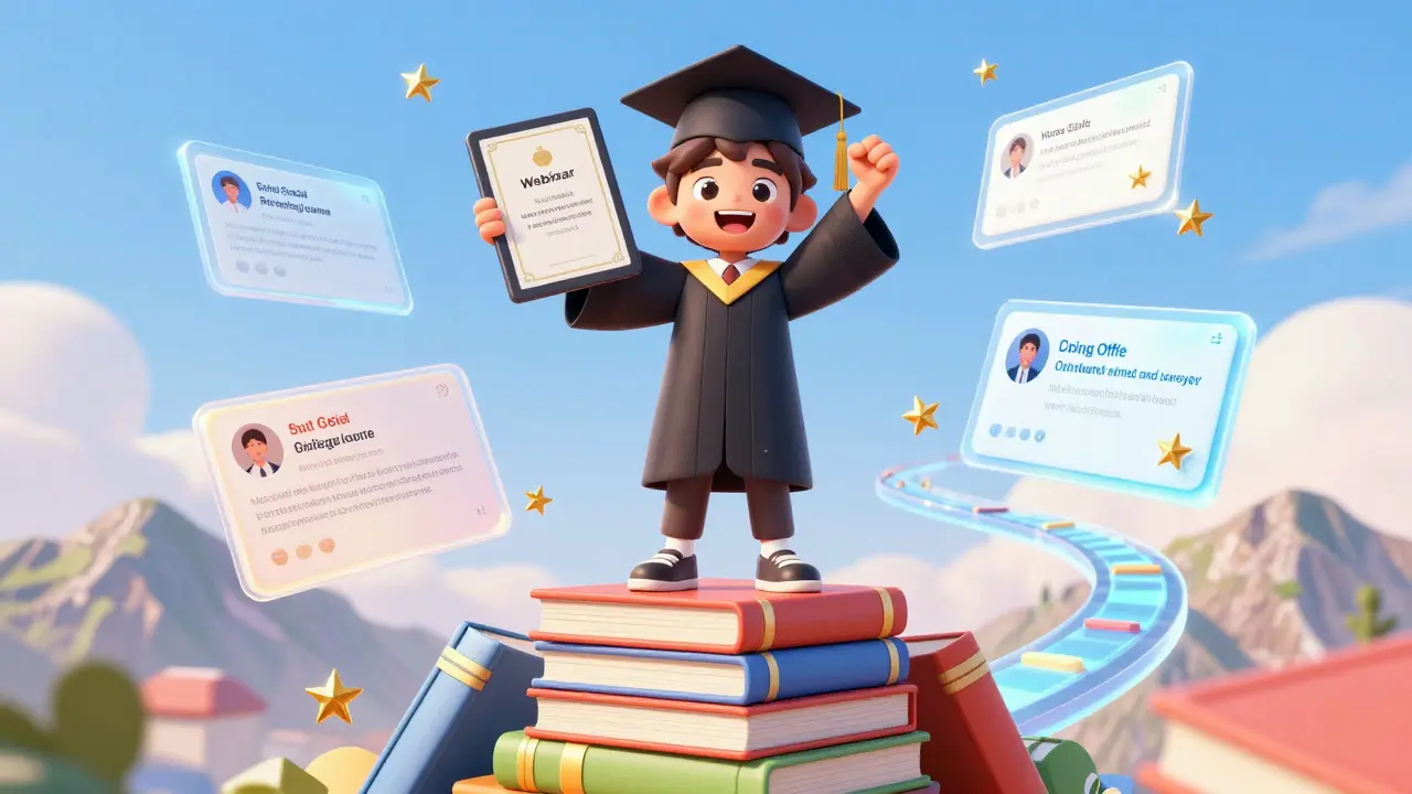 Счастливый студент с сертификатом на вершине горы из книг