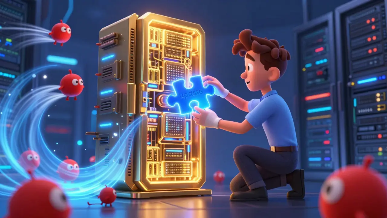 Системный администратор в стиле DreamWorks устанавливает обновление в серверной