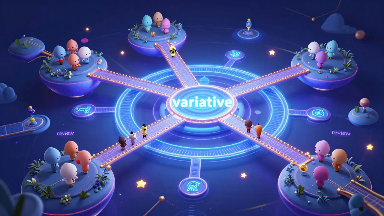 Сложная сеть вариативных путей клиента с исследующими персонажами в 3D стиле