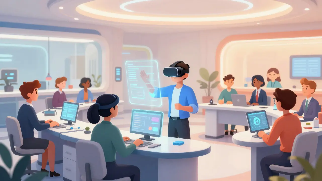 Сотрудники проходят профессиональные симуляции и VR-тесты в современном офисе