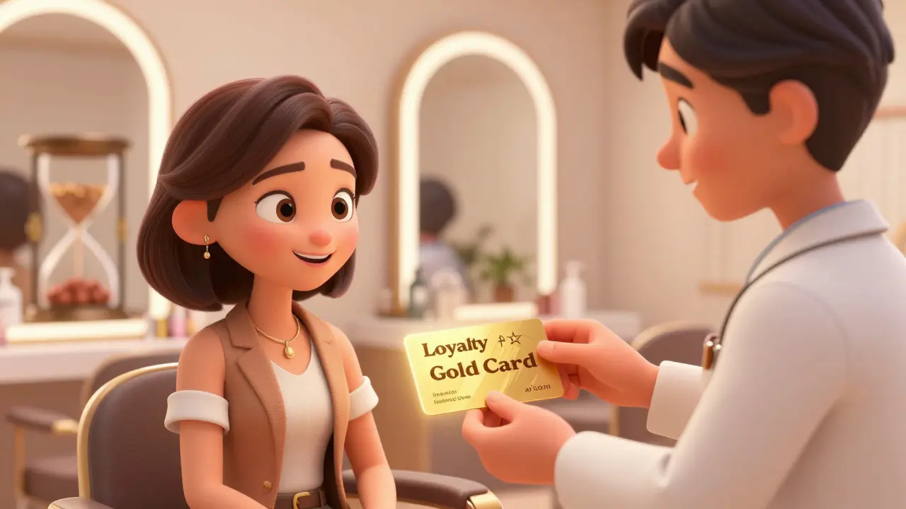Специалист вручает золотую карту лояльности довольному клиенту в премиальном салоне.
