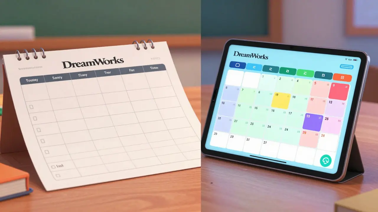 Сравнение печатного расписания и интерактивного планшета в стиле мультфильма