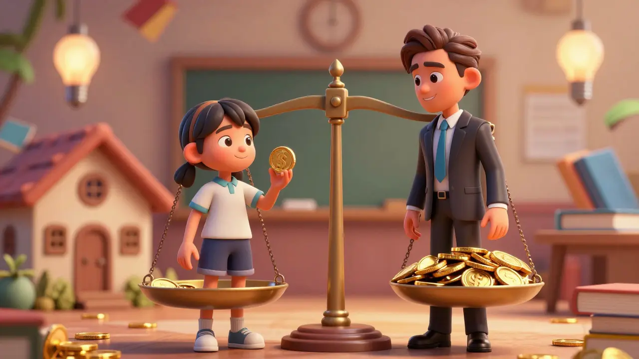 Сравнение разных платежей студентов на весах, символизирующих справедливость