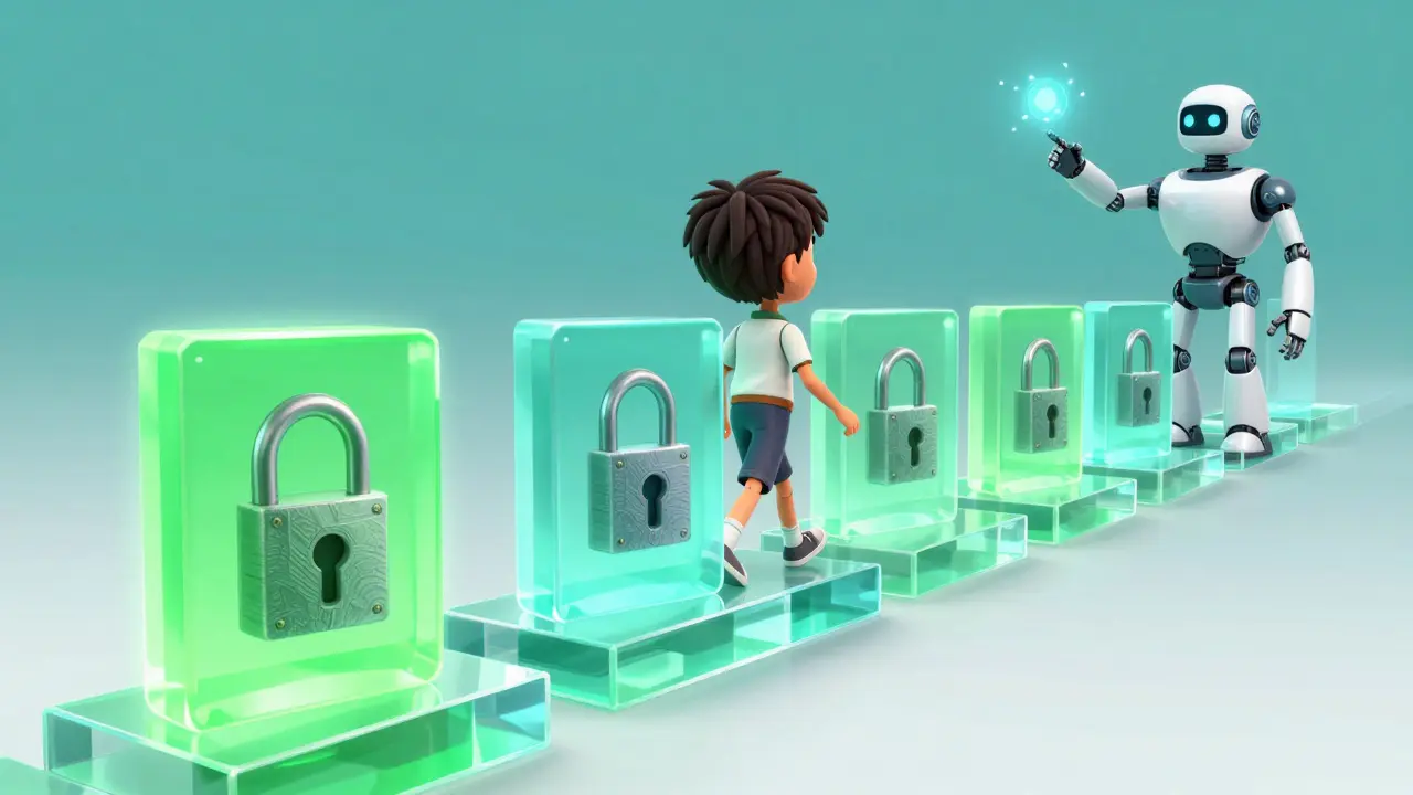 Студент идет по светящемуся пути обучения, где уроки открываются последовательно