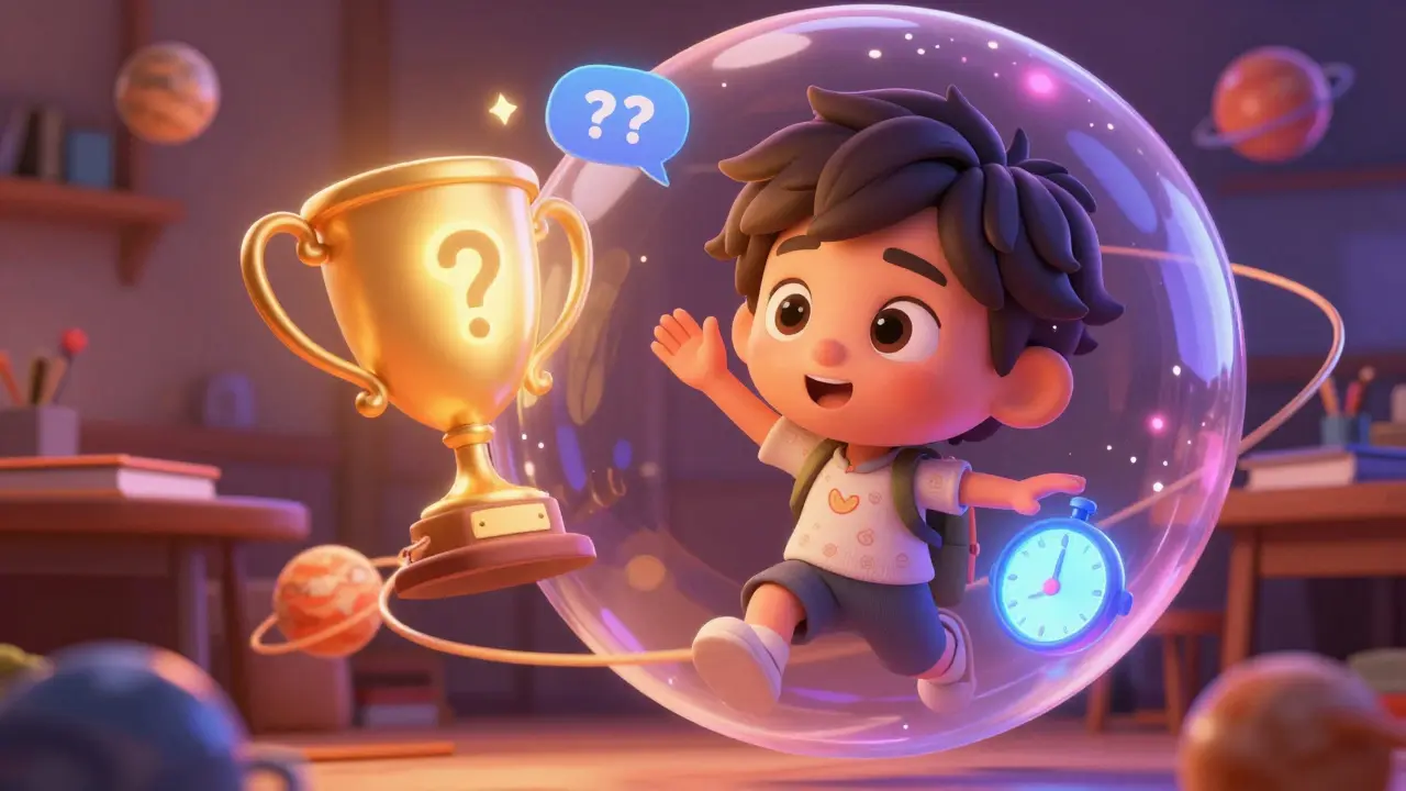 Ученик в магическом пузыре обучения с летающими иконками заданий и чатов