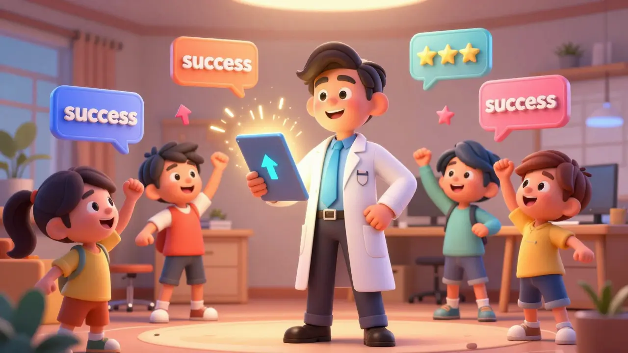 Уверенный эксперт с планшетом в окружении счастливых и успешных учеников