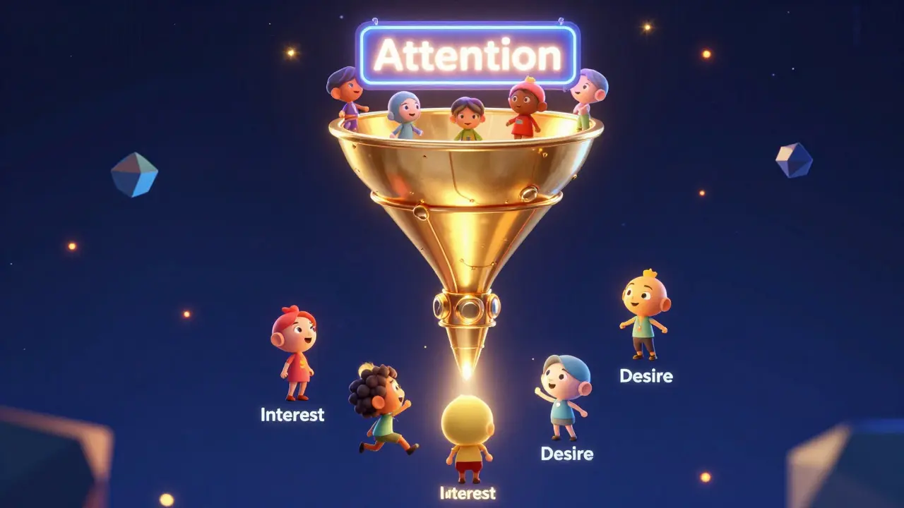 Золотая механическая воронка продаж с проходящими через неё людьми