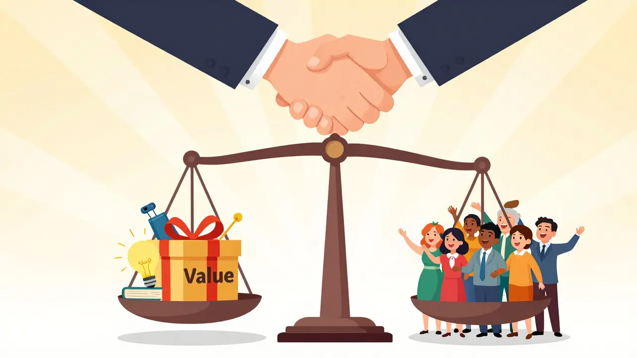 Весы баланса показывают честный обмен ценностью между экспертом и аудиторией