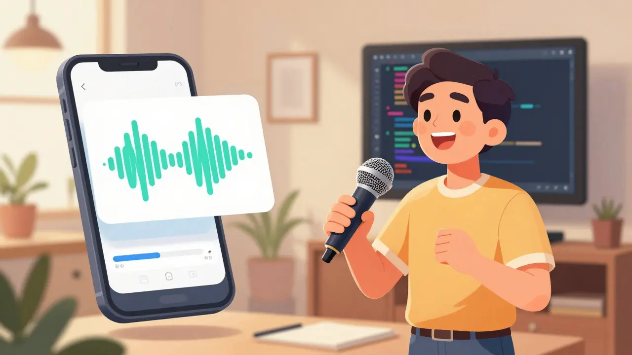 Преподаватель с микрофоном между смартфоном с аудио и планшетом с видеоуроком