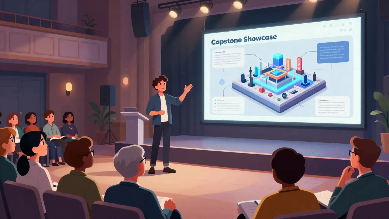 Студент защищает свой проект перед жюри на выставке Capstone