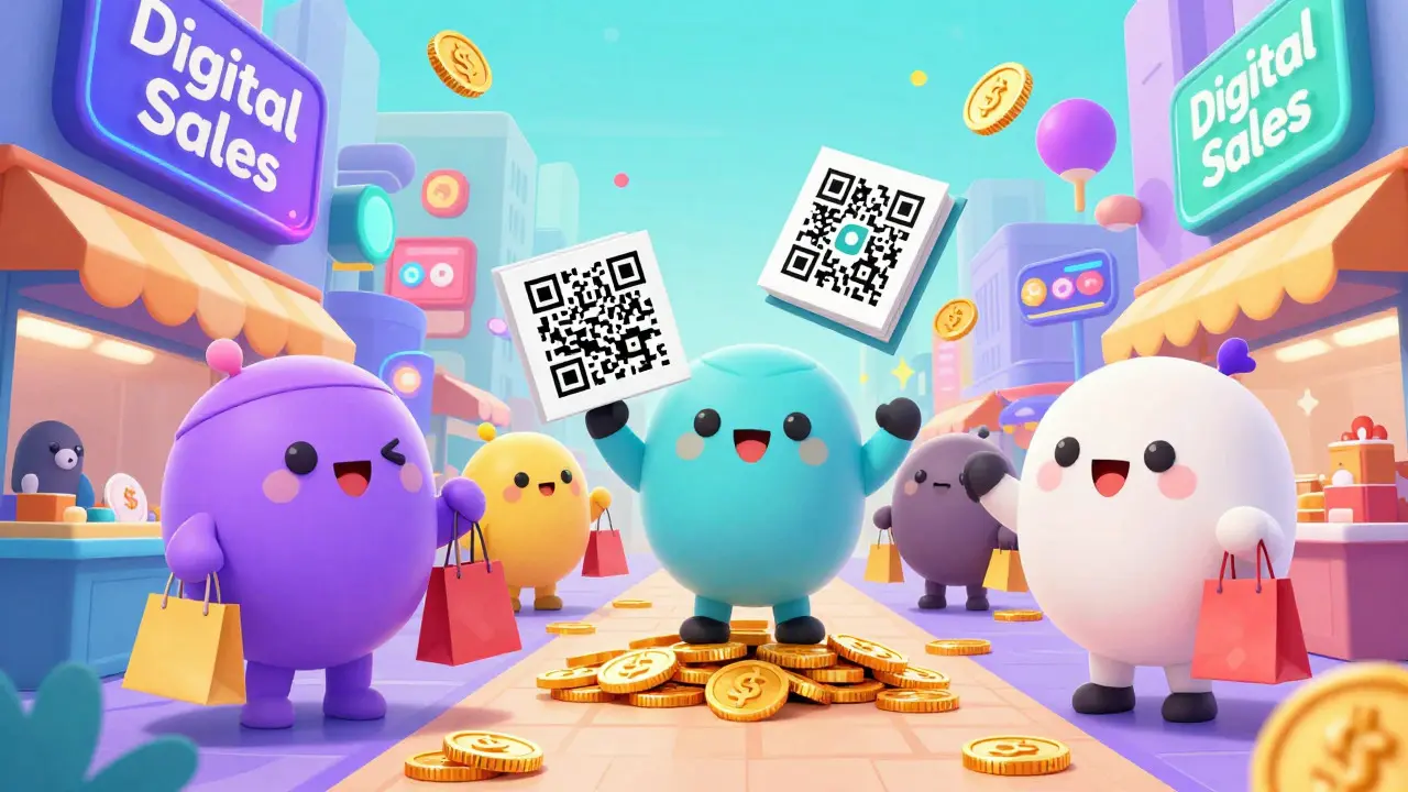 Милые маскоты платформ на дороге из монет с QR-кодом и книгой