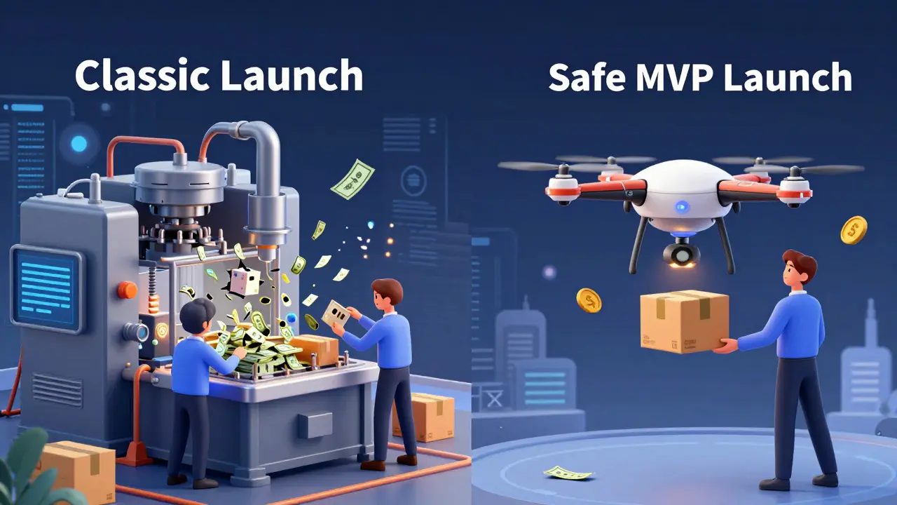 Сравнение классического рискованного запуска и безопасного MVP-подхода