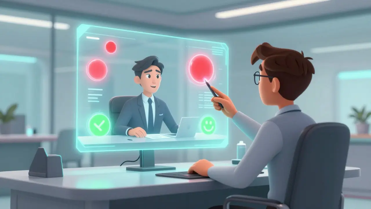 Person analyzing holographic speech feedback with floating data orbs