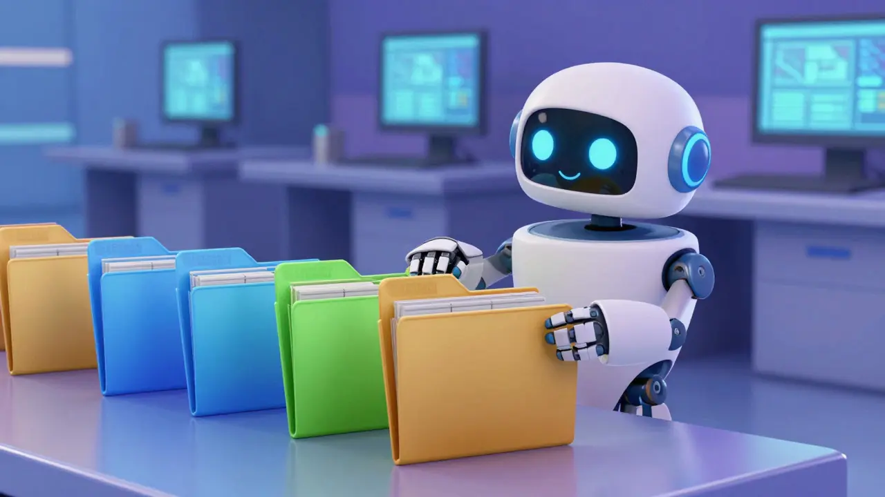 Робот-помощник сортирует сегменты клиентов по цветам в стиле DreamWorks