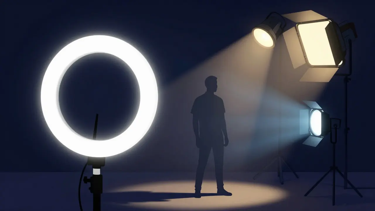 Схема трехточечного освещения: кольцевая лампа и LED-панели освещают силуэт спикера