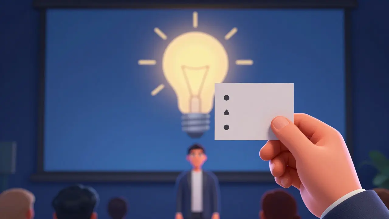 Speaker holding index card next to a screen with a single lightbulb icon
