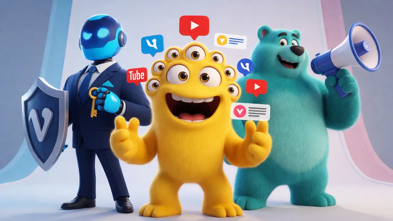 Три персонажа-маскота платформ видеохостинга в стиле DreamWorks